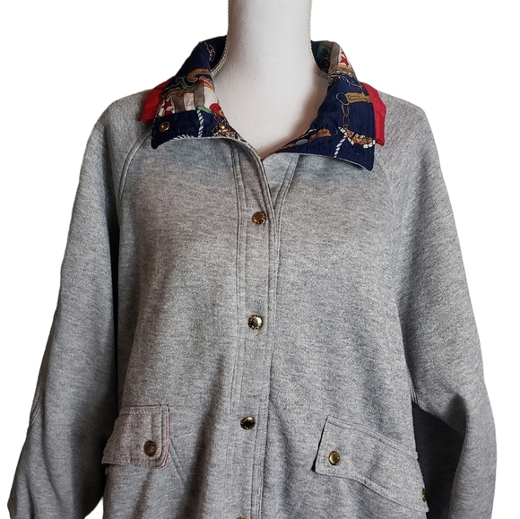 Vintage Reversible Jacket One Size 1X ? Nautical Print Nylon Fleece Coat Pockets - Picture 6 of 12